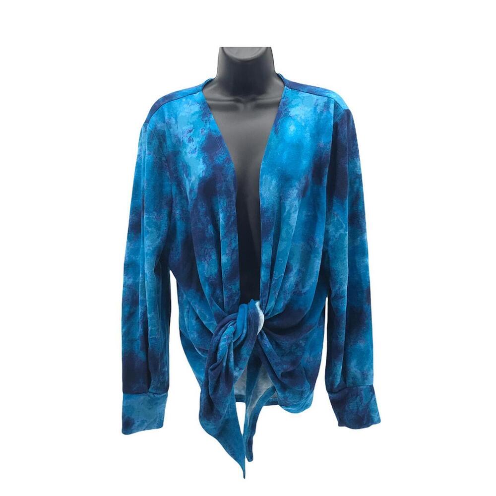 Colleen Lopez Tie-Front Sweater Knit Topper Blue Tie Dye - Regular